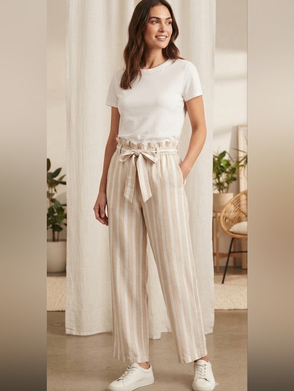 Japna Beige White Striped Paperbag Wide Leg Pants Medium Boho Coastal